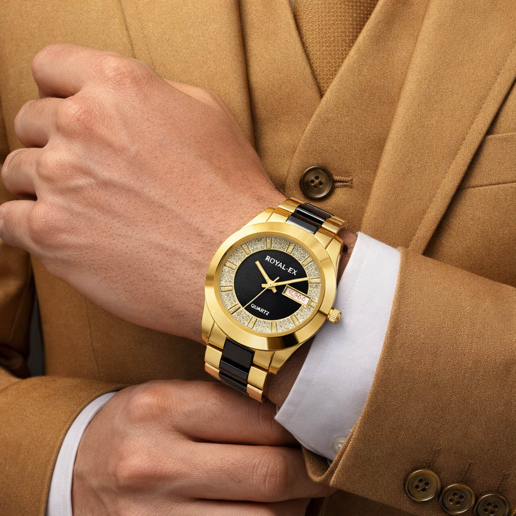 Royalex Gold Black Ceramic Watch With Designer Dial And Date Date. Gold Black Analog Watch  - For Men
