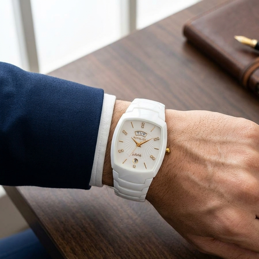 Royalex Royalex mens ceramic watch white dial white chain white case Analog Watch  - For Men