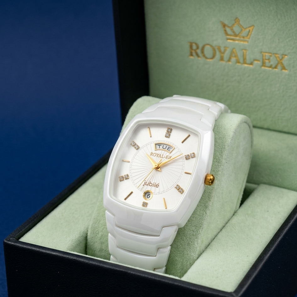Royalex Royalex mens ceramic watch white dial white chain white case Analog Watch  - For Men